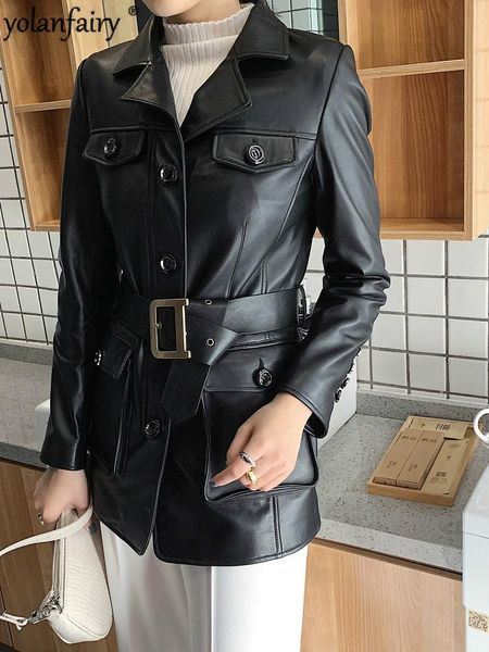 

women's leather & faux 2021 jacket genuine sheepskin coat female spring autumn real elegant korean cuero genuino kj4413, Black
