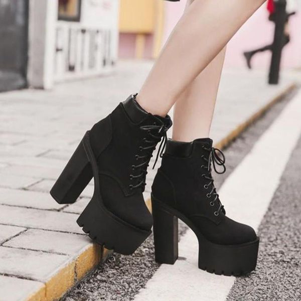 

15cm classic high sole thick heel waterproof platform ultra club round head lady ankle boots drop fulfill, Black
