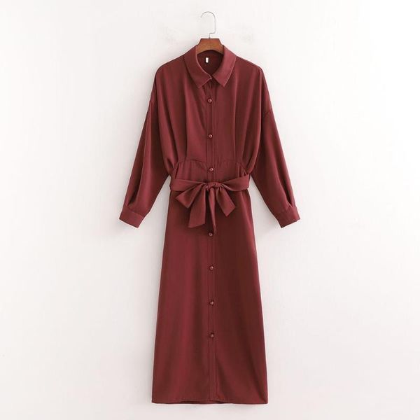 

casual dresses 2021 women dress shirt-style wine red belted long sleeves elegant lady midi vestidos femme robe, Black;gray