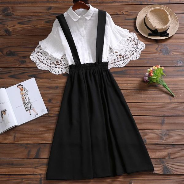 

japan style summer dress 2 piece suits women short sleeve shirt with skirt two womens sets, White
