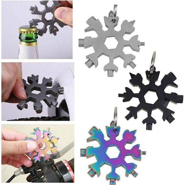 

18 in 1 stainless steel multi-tool snowflake multitool hexagon screwdriver wrench bottle opener key chain ring outdoor survive camp, Blue