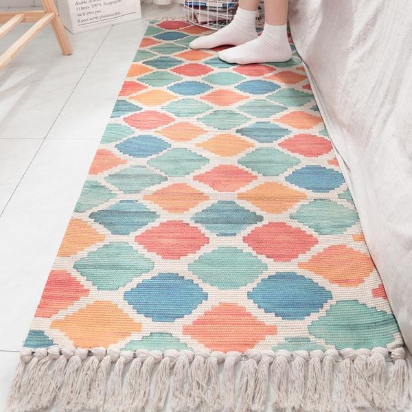 

colored rhombus pattern hand-woven floor mat tassel cotton long strip rugs home non-slip bedroom decor bedside carpet area rug carpets