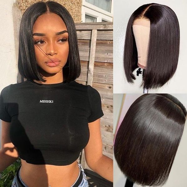 

lace wigs straight bob human hair for women 4x4 closure short wig malaysian front, Black;brown