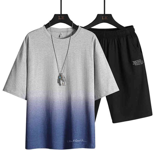 

men's tracksuits gradient color summer fashion clothing two piece men sweat suits short sleeve set the price ofm4jc, Gray