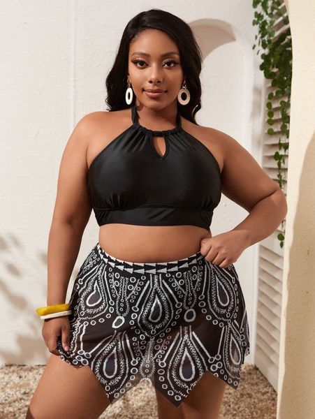 

3pack plus solid bikini swimsuit & triangle hem beach skirt g2gp#, Black