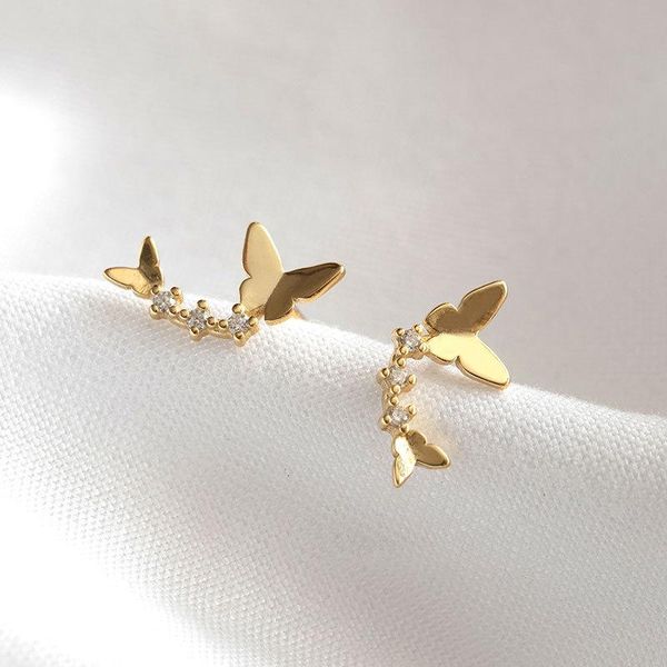 

stud s925 sterling silver mini curved double butterfly earrings for women hypoallergenic style, Golden;silver