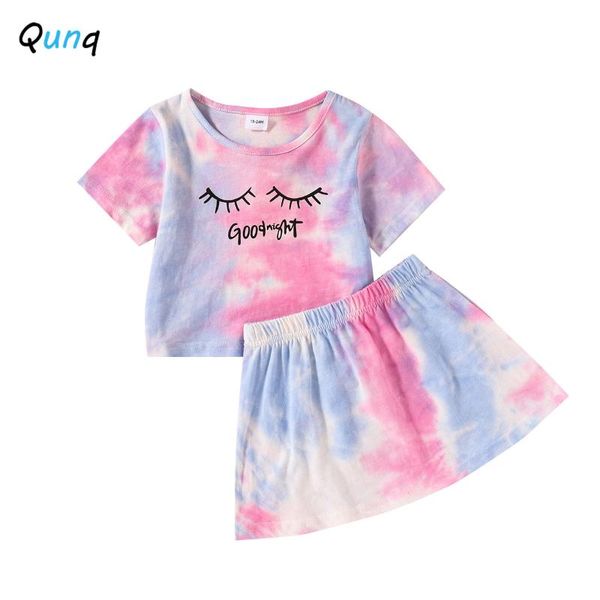 

qunq summer girls clothes fashion tie dye kids suits short sleeve t-shirt skirt two piece toddler children clothing set 2-6t sets, White