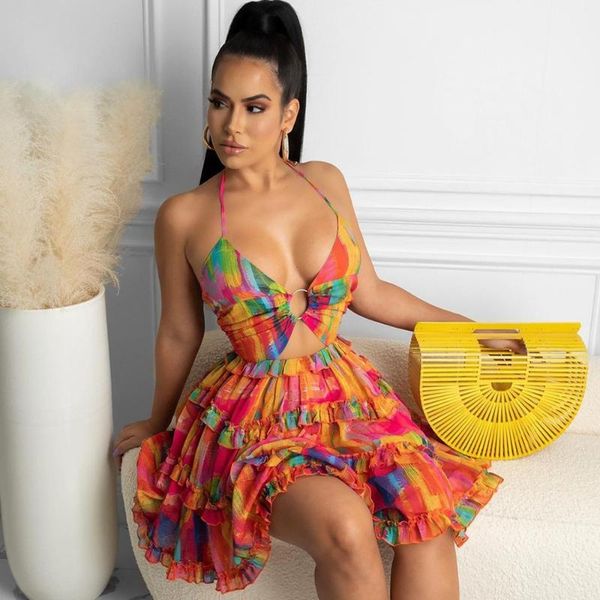 

casual dresses wsevypo color block deep v halter sundress boho summer party beach dress women o-ring cut-out backless ruffles a-line, Black;gray