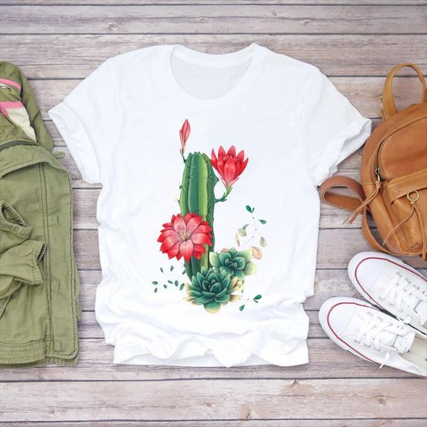 

floral plant cartoon fashion women 90s cute cactus print womens graphic shirt ladies female tee, White