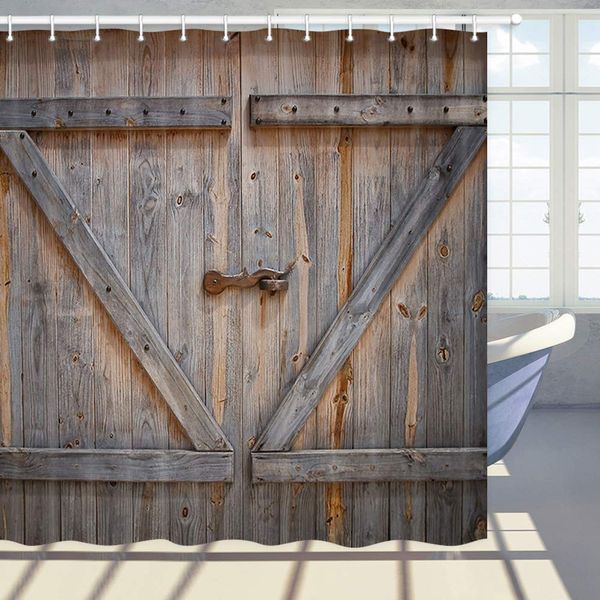 

rustic decor shower curtain, rustic wooden barn door, polyester fabric bath curtains set with hooks 66w x 70l inches