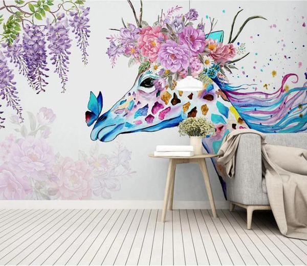 

wallpapers xue su large custom mural wallpaper nordic simple hand-painted giraffe flower background wall decoration painting
