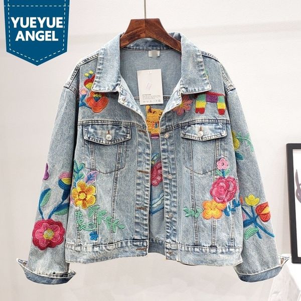 

women's jackets loose embroidery denim short female vintage jean jacket streetwear spring only autumn breasted outerwear 5wja, Black;brown