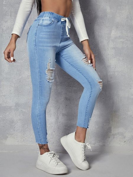 

drawstring waist raw hem ripped jeans m1k1#, Blue