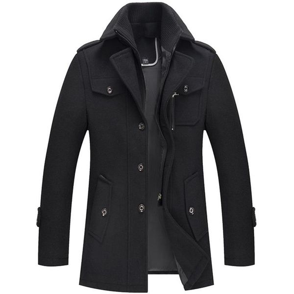 

men's wool & blends woolen jacket gentle layered collar single breasted quilted lined blend pea coats for male, Black