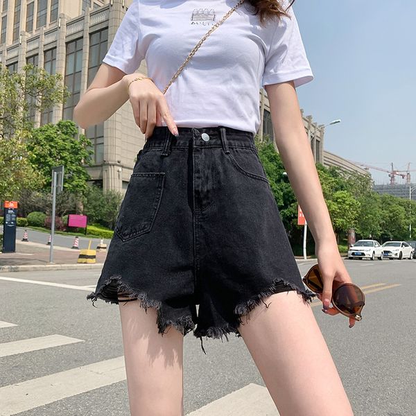 

women's shorts 2021 spring and summer new korean high waist irregular burr denim fashion versatile pants wear, White;black