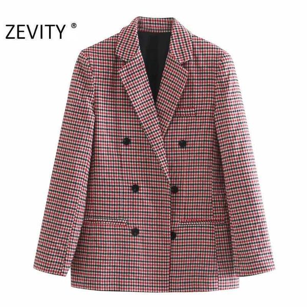 

zevity women vintage plaid print notched collar retro blazer office lady double breasted streetwear suits outwear ct608 210603, White;black
