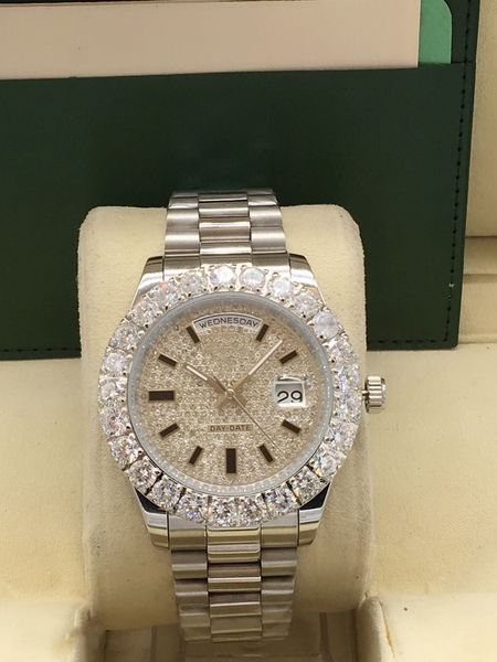 

mens fashion watch automatic mechanical movement full stainless steel wristwatches big diamond bezel dial sports male watches wristwatch hig, Slivery;brown