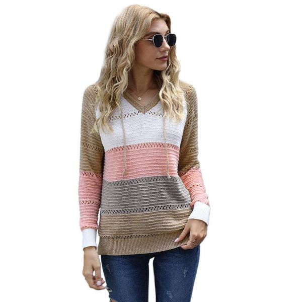 

sweatshirts woman striped long sleeve spting autumn casual hoodies knitted hooded pullovers v-neck feminine knit women women's &, Black