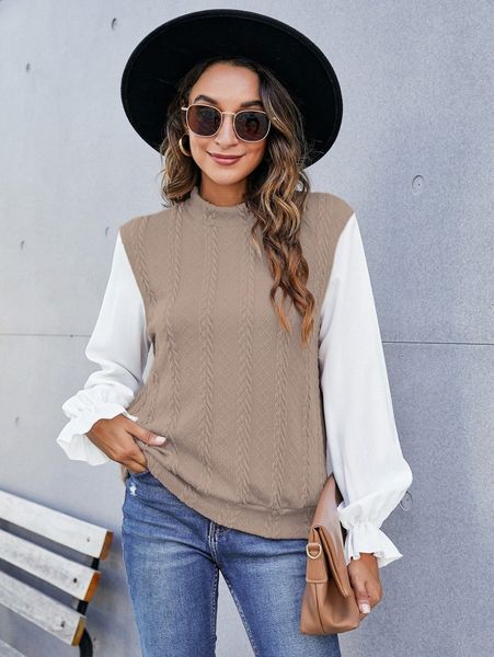 

two tone mock neck flounce sleeve u4dq#, White