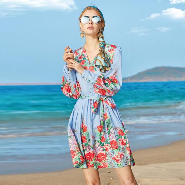 

casual dresses fashion runway designer women's elegant dress banquet party holiday appealing v-neck gorgeous floral print mini, Black;gray