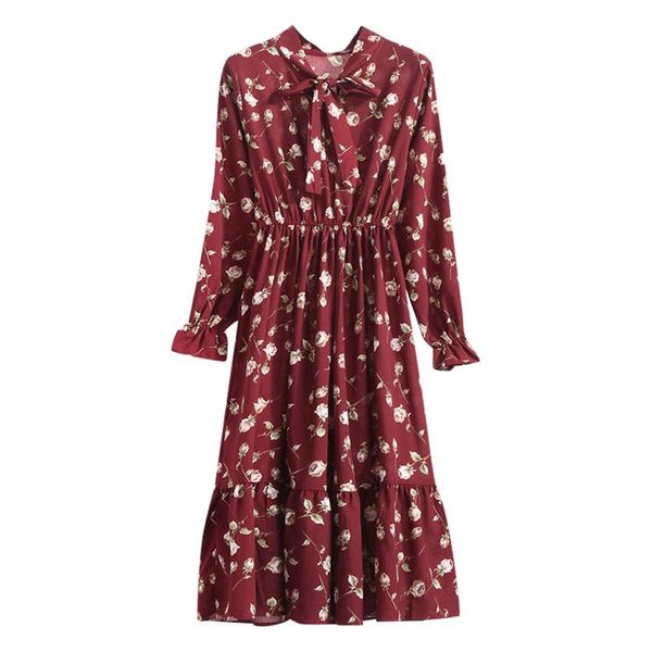 

casual dresses 2021 spring autumn women chiffon shirt office plaid polka dot vintage red midi floral dress female, Black;gray