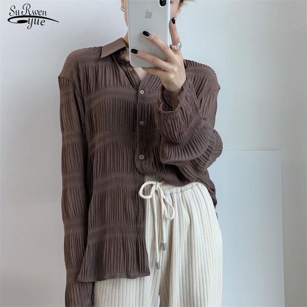 

long sleeve women blouses casual loose chiffon blouse sun protection pleated cardigan elegant puff 10140 210421, White