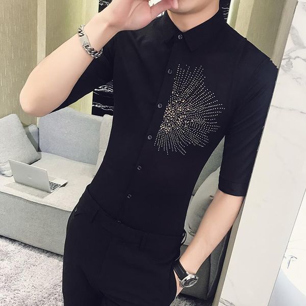 

black/white drilling social shirts men tuxedo korean simple all match slim fit half sleeve casual dress blouse homme 3xl- men's, White;black