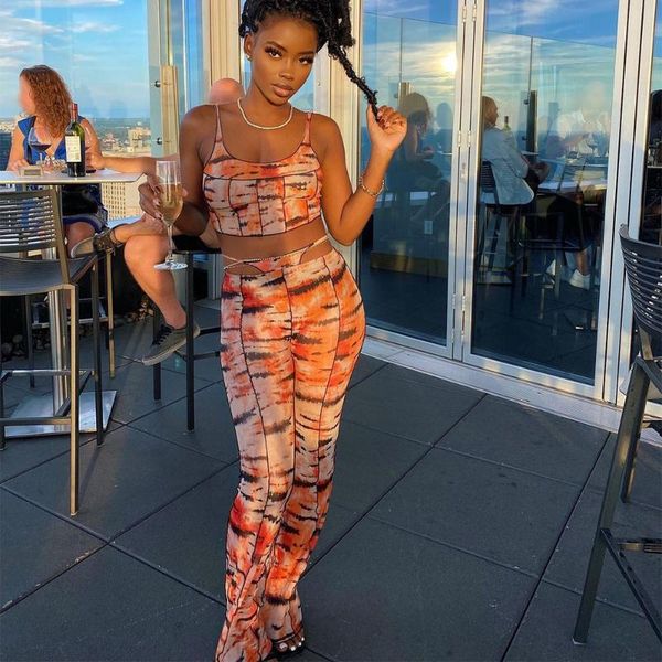 

women's two piece pants fashion ins style contrast color tie dyeing hollow out navel sling two-piece female set, White