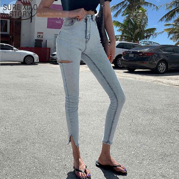 

women trousers jeans pants streetwear light blue high waist stretch skinny split ripped hole pencil 10397 210508