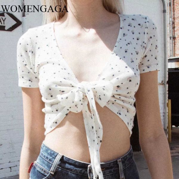 Summer White Dot Floral Women Cotton Short Sleeve Wrap Top T-shirt legata T-shirt Slim V Neck Bandage 8KYE 210603