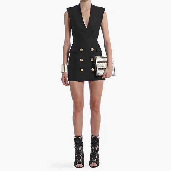 

fashion runway designer dress women's sleeveless v-neck double breasted career 210526, Black;gray