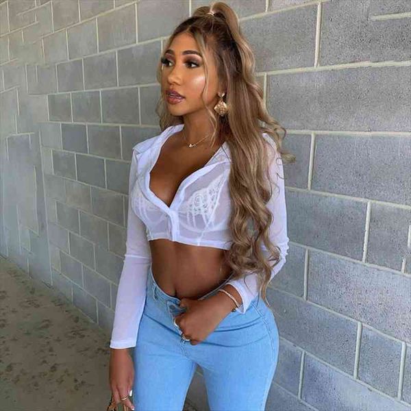 

mesh sheer summer womens blouses long sleeve lapel white crop see through beach female