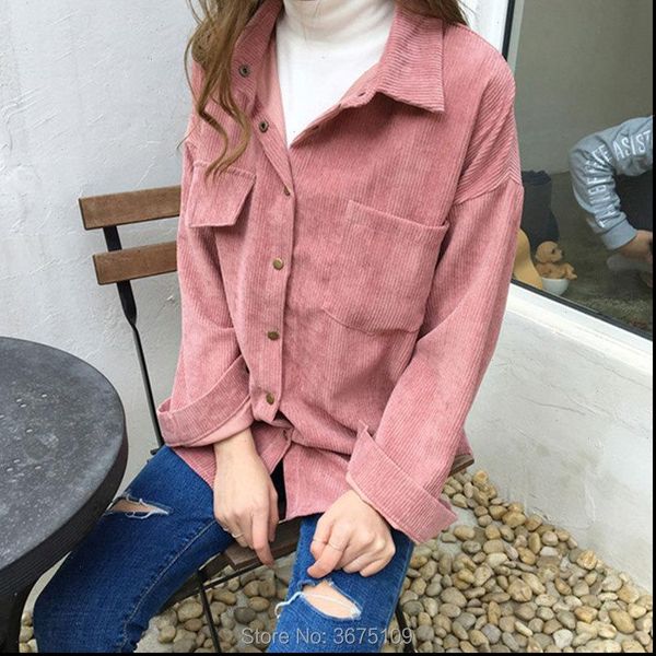 

corduroy pink yellow work long womens blouses sleeve oversized spring, White