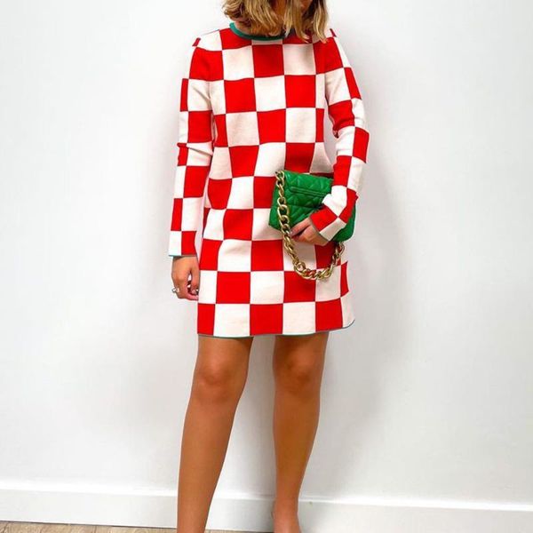 

casual dresses dylqfs women vintage color matching plaid slim knitting mini dress lady chic long sleeve jacquard a line, Black;gray