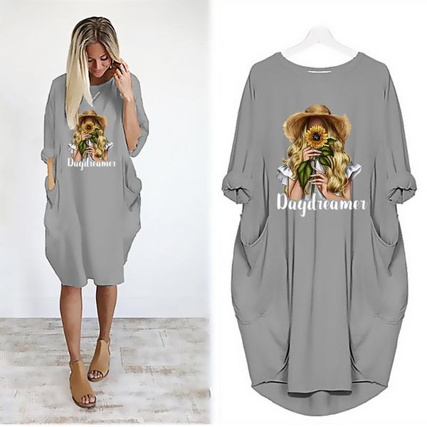 

casual dresses women sunflower beauty print autumn long sleeve o neck vintage party club midi vestidos robes femme streetwear, Black;gray
