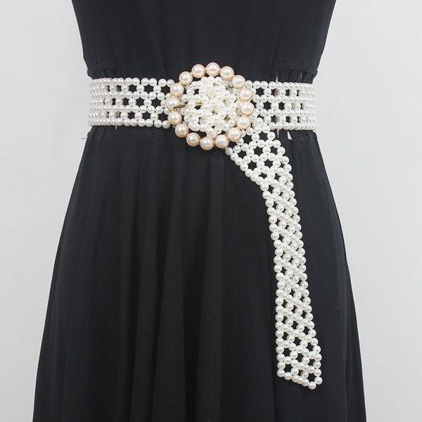 

belts seebeautiful man-made white pearl woven hollow long wide round pin buckle girdle fashion 2021 spring women e213, Black;brown