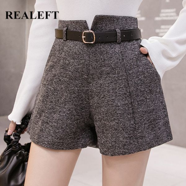 

autumn winter woolen women's shorts with belt high waist casual wide leg short vintage female trousers pocket 210428, White;black