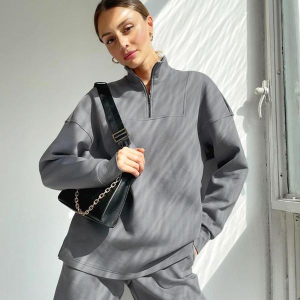 

women's two piece pants women autumn and winter pullover sweatshirt slit sets neutral style solid color simple tracksuit, White