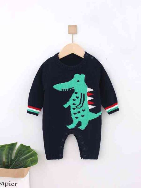 

baby dinosaur pattern striped cuff knit jumpsuit she, Blue
