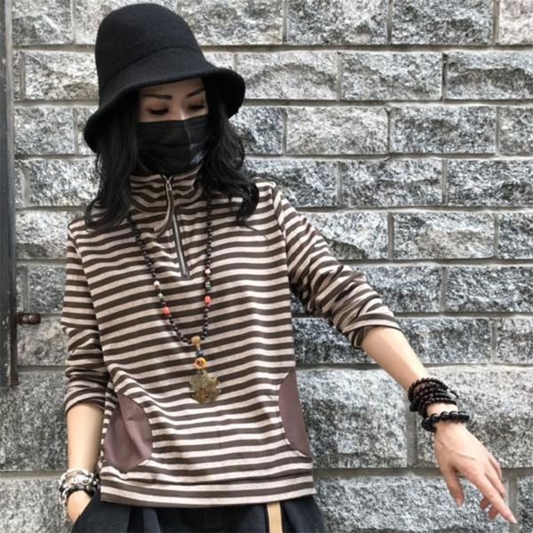

women's t-shirt spring autumn women long sleeve striped tee shirt femme casual zipper design turtleneck loose tshirt plus siz, White