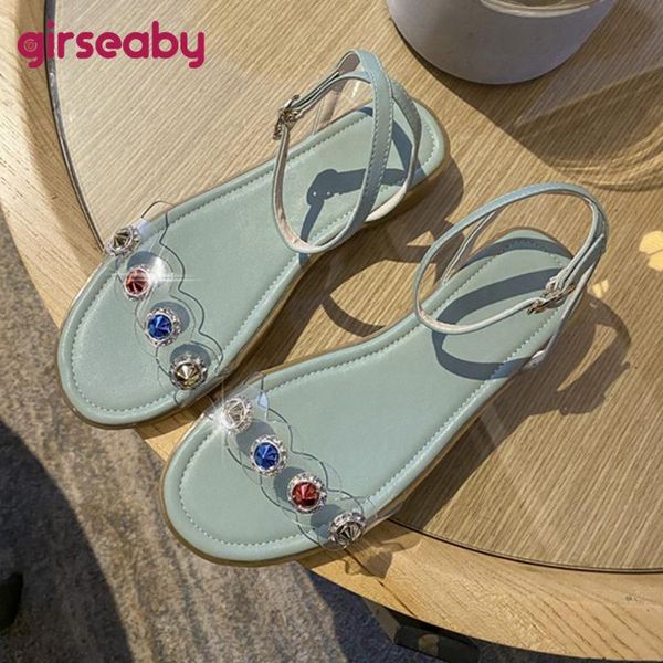 

sandals girseaby 2021 women round toe low heels rhinestone elegant comfortable ankle strap size 34-43 casual summer a4052, Black