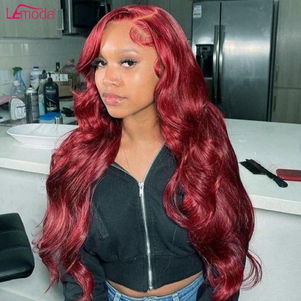

lace wigs body wave front wig 99j colored human hair 13x4 hd frontal 150 180 density peruvian brown closure lemoda, Black;brown