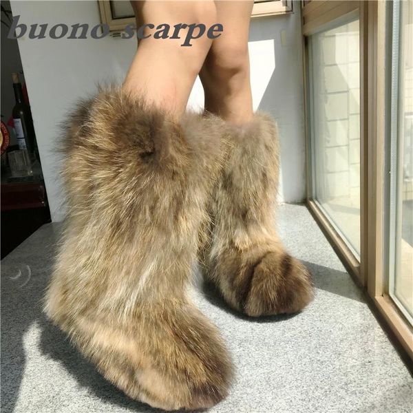 

boots winter raccoon fur flat leather warm snow female shoes, Black