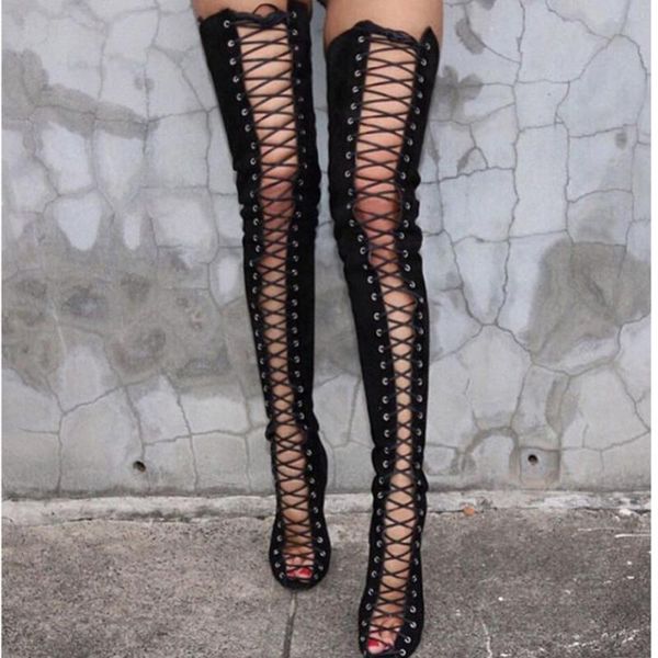 

boots women's knee spring and autumn selling ultra-high heel fashion lace up suede personalized comfortable boot, Black