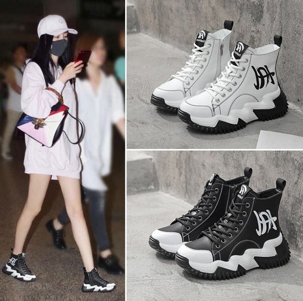 

classic womens knit mid-casual boots shoes sneaker ladies platform dress walking trainer lace-up boot sneakers chaussures leather for girls, Black