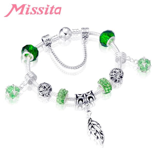 

charm bracelets missita original green leaf charms bracelet with crystal beads brand for women anniversary jewelry gift, Golden;silver