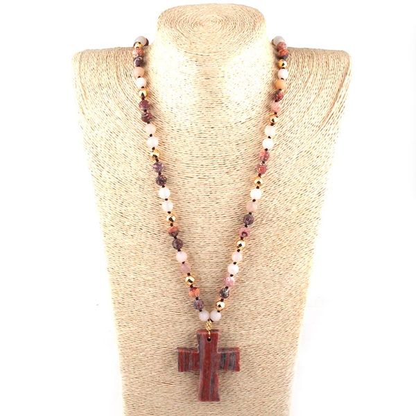 

pendant necklaces fashion bohemian tribal jewelry multi stones beads long knotted cross ethnic necklace for women, Silver