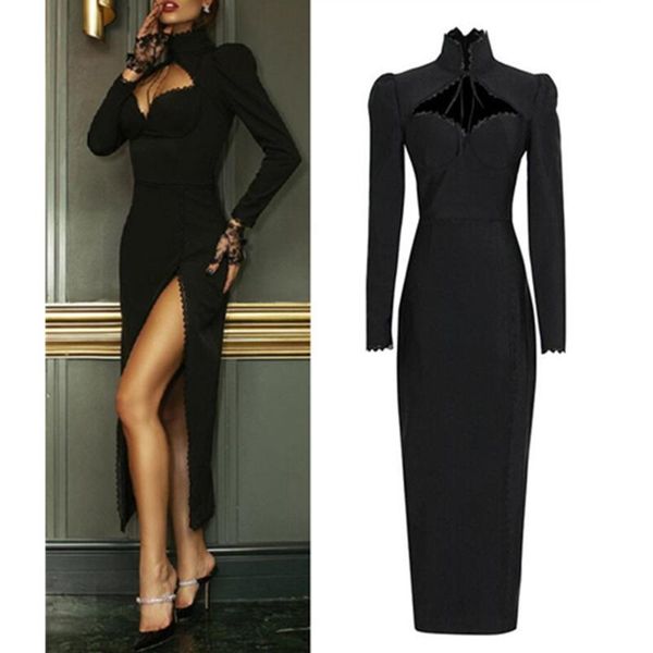 

casual dresses autumn winter designer fashion women long bandage dress elegant high waist split evening party, Black;gray