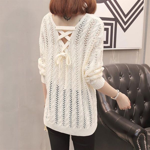 

hollow out thin summer knitted womens sweater pullover casual mesh pull jumper female o neck cool ladies long sleeve, White;black