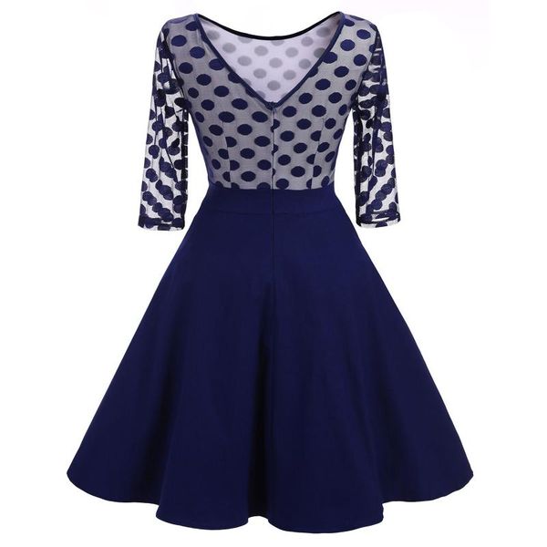 

womail women dress retro wave point hollowed out temperament slim fit and flare long sleeves dot print femme robe casual dresses, Black;gray